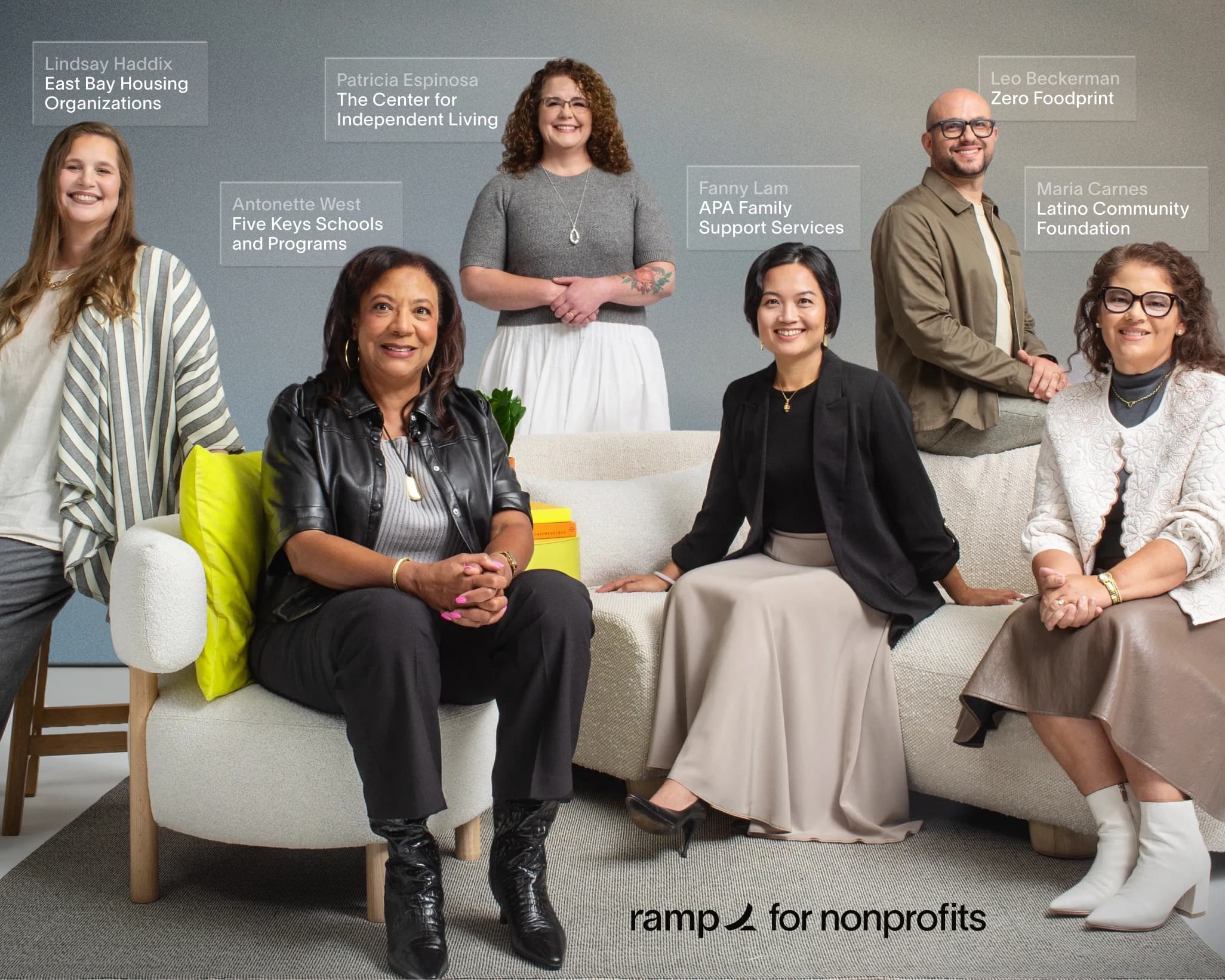 Six nonprofit finance leaders: Lindsay Haddix, Antonette West, Patricia Espinosa, Fanny Lam, Leo Beckerman, and Maria Carnes